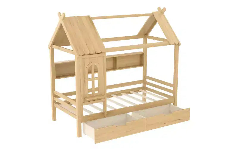 Lit cabane avec tiroirs de rangement et fenêtre, en bois massif avec étagères, blanc clair