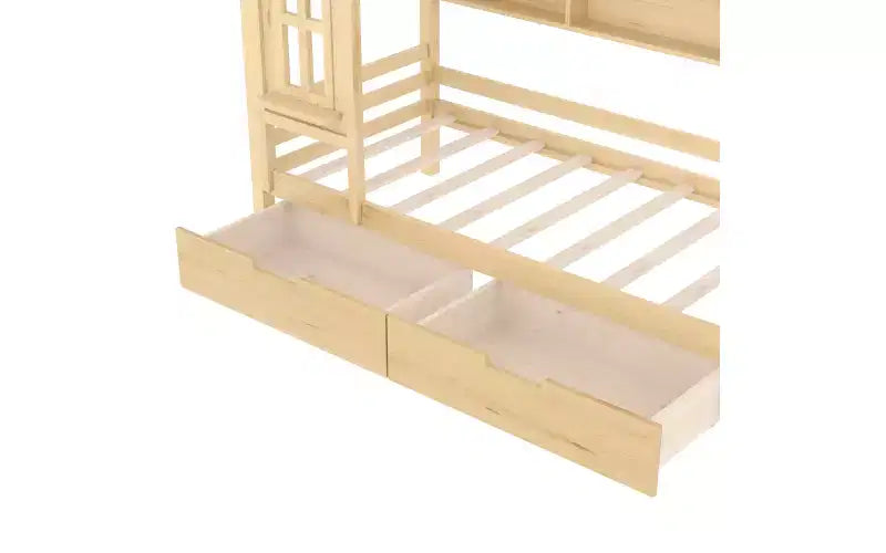 Lit cabane avec tiroirs de rangement et fenêtre, en bois massif avec étagères, blanc clair