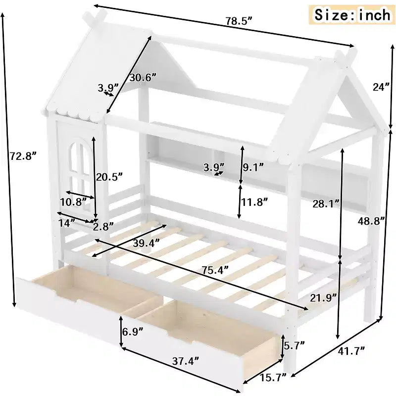 Lit cabane avec tiroirs de rangement et fenêtre, en bois massif avec étagères, blanc clair