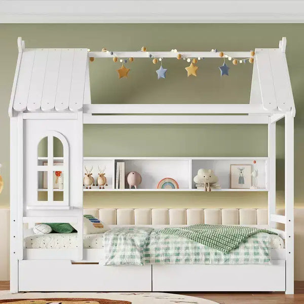 Lit cabane avec tiroirs de rangement et fenêtre, en bois massif avec étagères, blanc clair