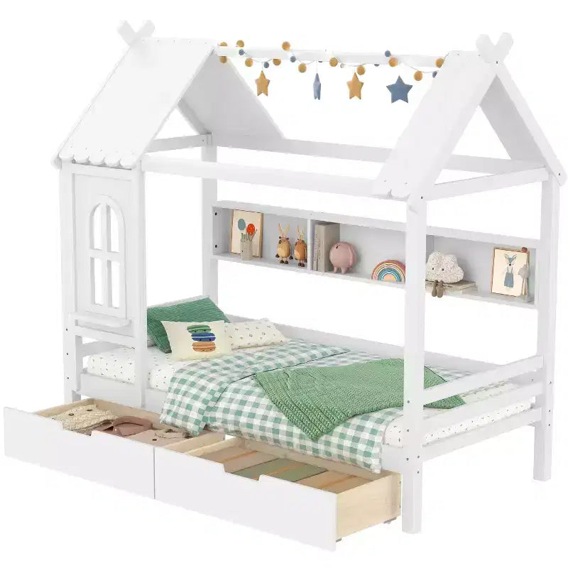 Lit cabane avec tiroirs de rangement et fenêtre, en bois massif avec étagères, blanc clair