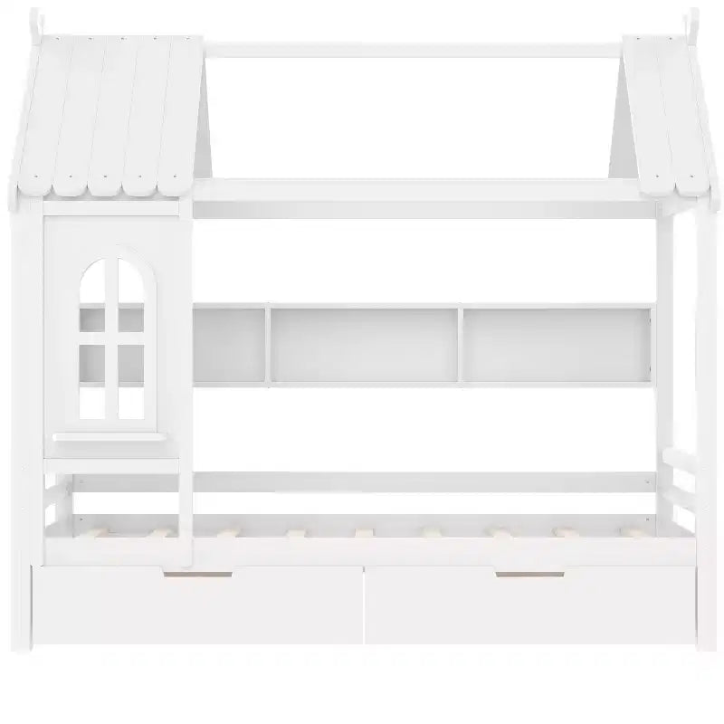 Lit cabane avec tiroirs de rangement et fenêtre, en bois massif avec étagères, blanc clair