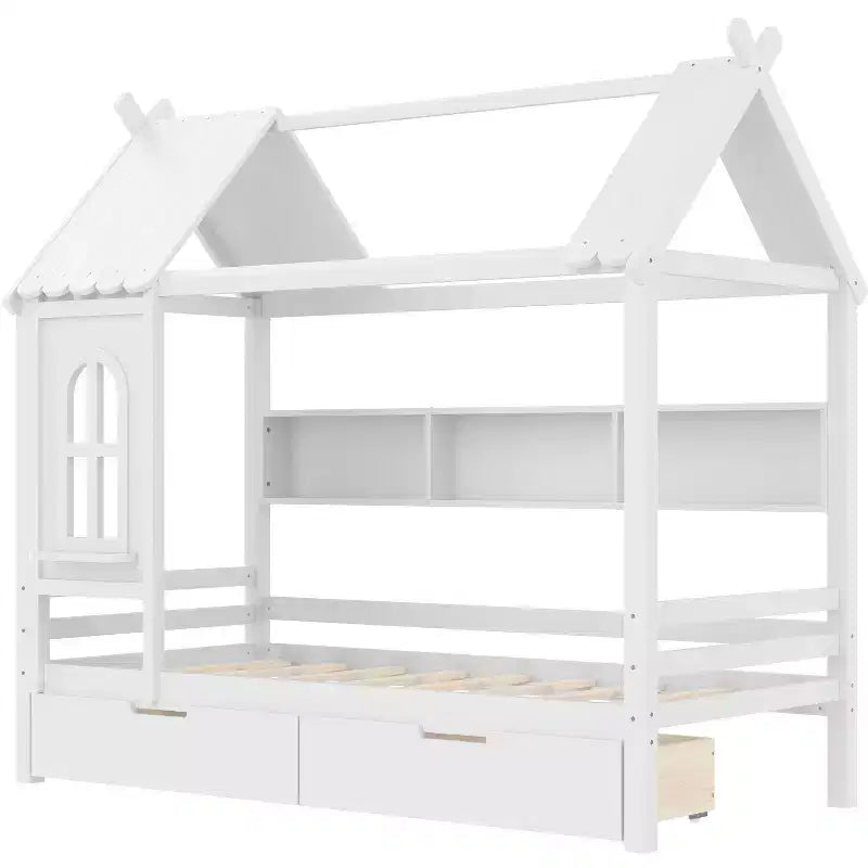 Lit cabane avec tiroirs de rangement et fenêtre, en bois massif avec étagères, blanc clair