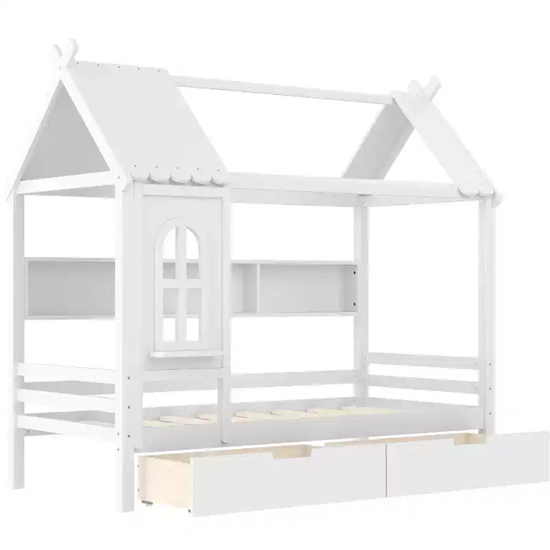 Lit cabane avec tiroirs de rangement et fenêtre, en bois massif avec étagères, blanc clair
