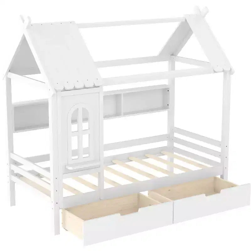 Lit cabane avec tiroirs de rangement et fenêtre, en bois massif avec étagères, blanc clair