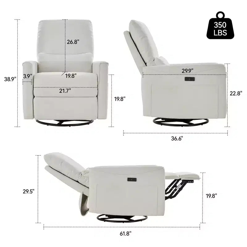 Fauteuil inclinable, pivotant et à bascule électrique, planeur en tissu avec support lombaire et ports USB/Type-C