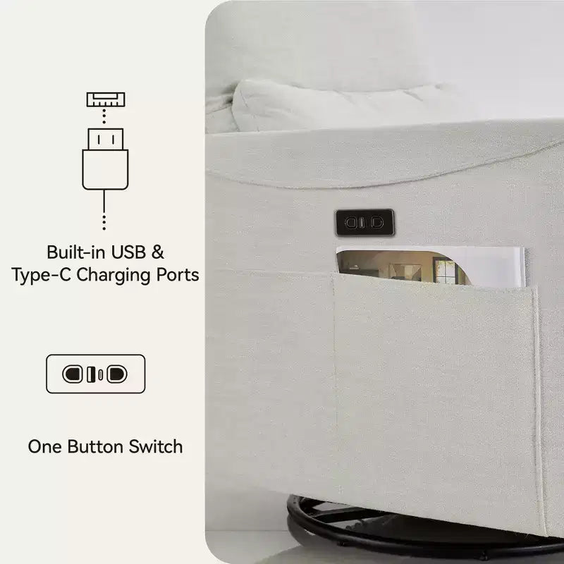 Fauteuil inclinable, pivotant et à bascule électrique, planeur en tissu avec support lombaire et ports USB/Type-C