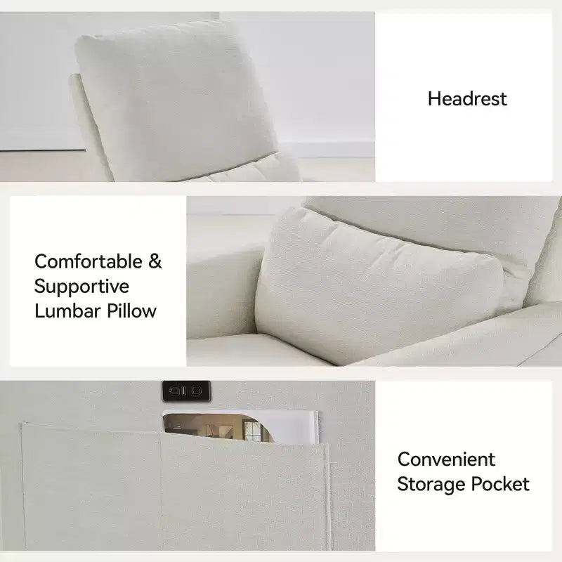 Fauteuil inclinable, pivotant et à bascule électrique, planeur en tissu avec support lombaire et ports USB/Type-C