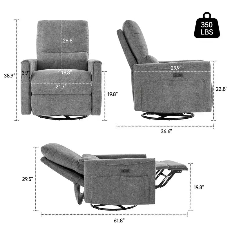 Fauteuil inclinable, pivotant et à bascule électrique, planeur en tissu avec support lombaire et ports USB/Type-C
