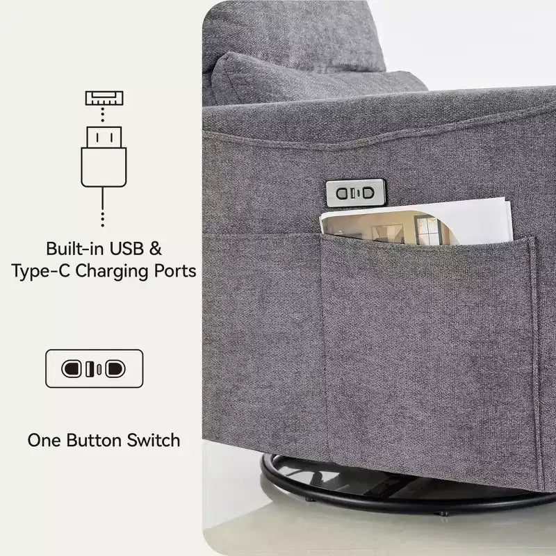 Fauteuil inclinable, pivotant et à bascule électrique, planeur en tissu avec support lombaire et ports USB/Type-C