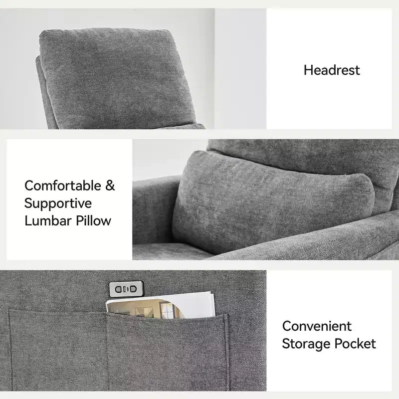 Fauteuil inclinable, pivotant et à bascule électrique, planeur en tissu avec support lombaire et ports USB/Type-C