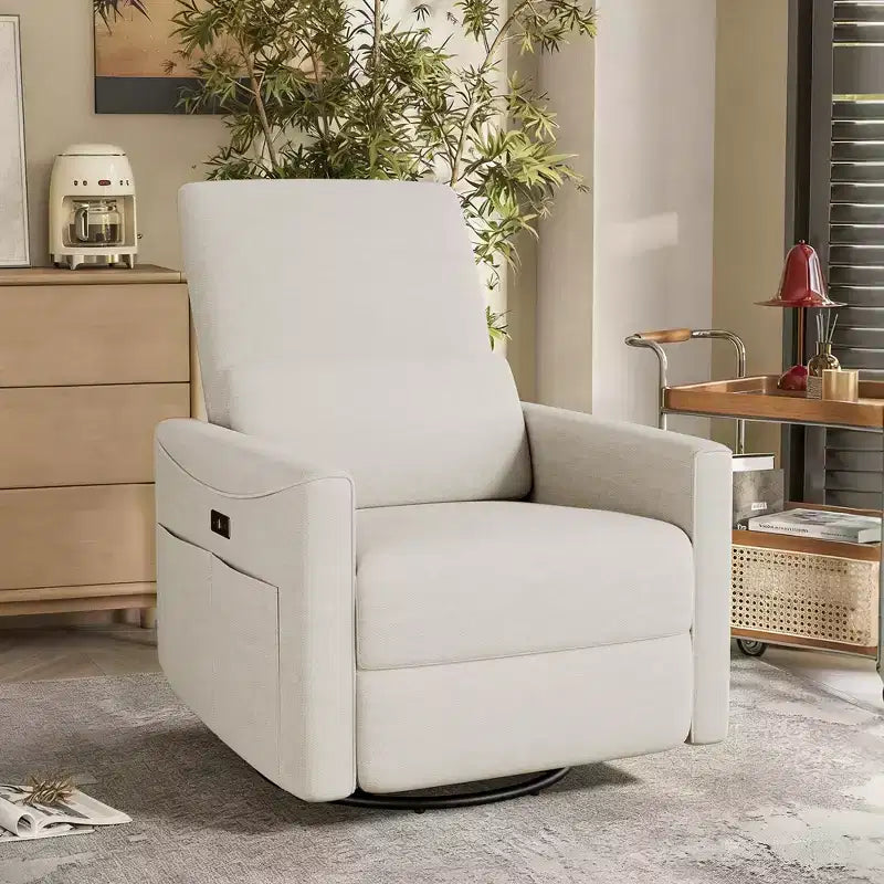 Fauteuil inclinable, pivotant et à bascule électrique, planeur en tissu avec support lombaire et ports USB/Type-C
