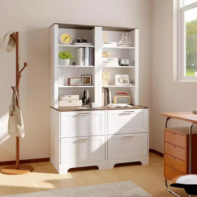 Bibliothèque de 183 cm de haut avec 2 tiroirs classeurs, étagère en bois moderne à 5 niveaux avec étagères réglables, blanc